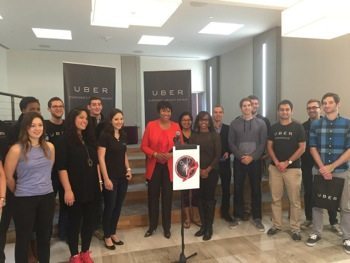D.C. Mayor Muriel Bowser speaks at Uber's new East Coast headquarters on Nov. 6 in Northwest during a kickoff event for the city's "Scissors and Shovels Day." (Courtesy of the mayor's office via Twitter)