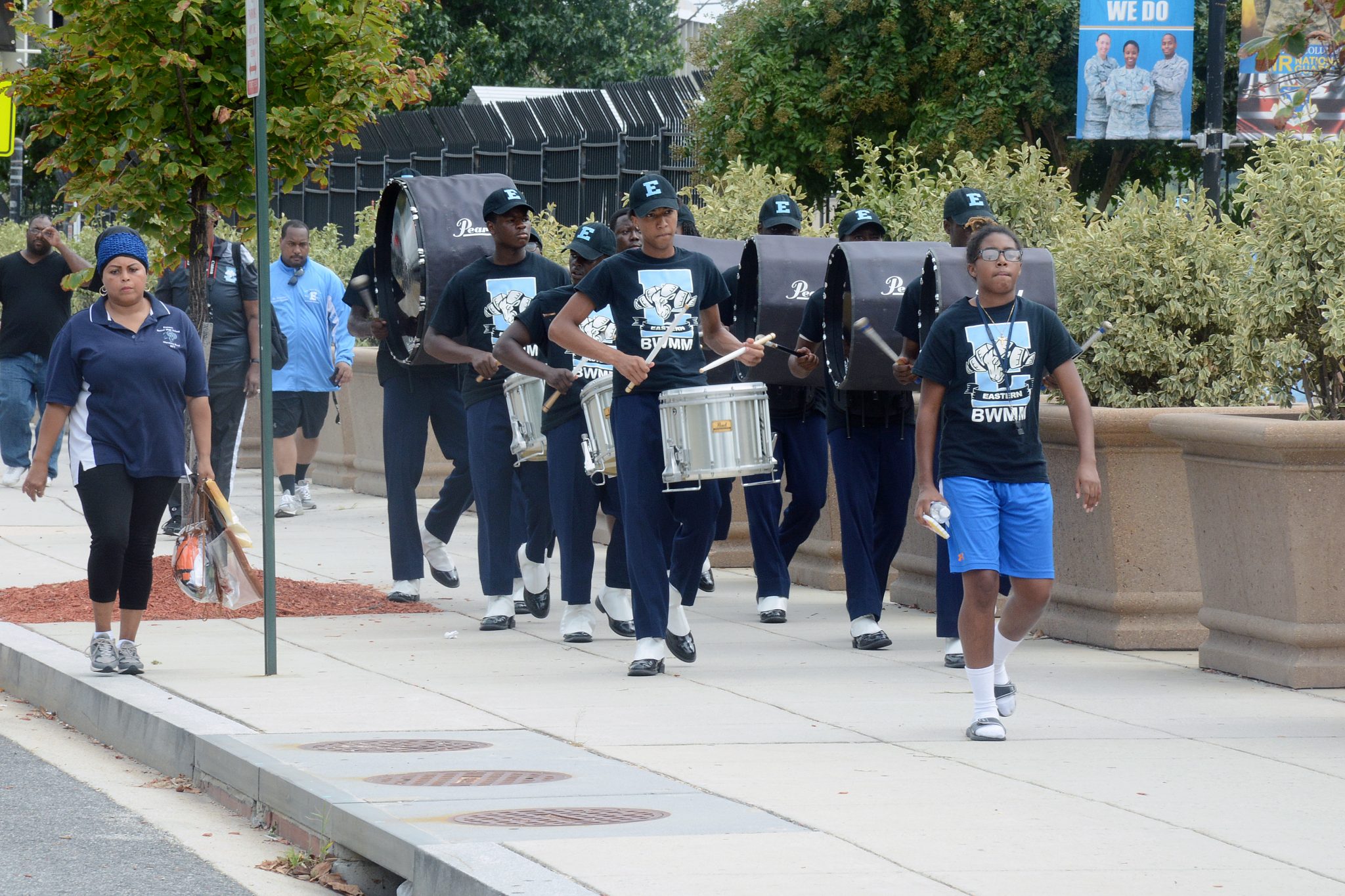 The Eastern High School marching band participates in a drum line competition at RFK Stadium in Northeast on Sept. 17 before the Nation's Football Classic between Howard and Hampton. / Photo by Roy Lewis