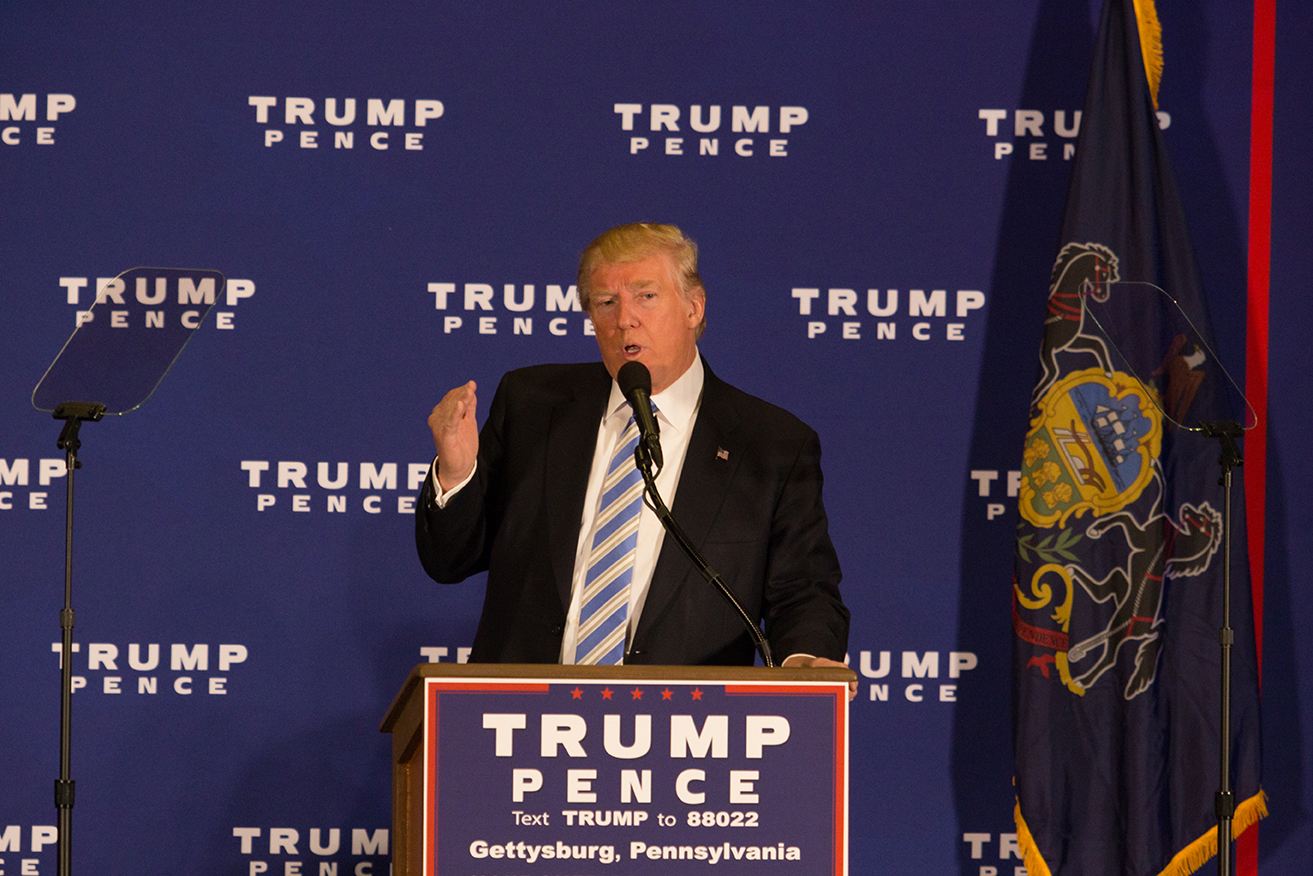 Gettysburg, Pa, United States - October 22, 2016: Presidential candidate Donald Trump promises the repeal of ObamaCare in his âFirst 100 days' agenda during a media event in Gettysburg.