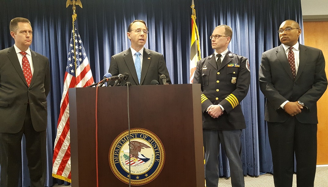 U.S. District Attorney Rod Rosenstein (at podium) speaks during a Jan. 10 press conference at the attorney's office in Greenbelt to announce the federal bribery charges against former Prince George's County Councilman and state Delegate Will Campos. (William J. Ford/The Washington Informer)