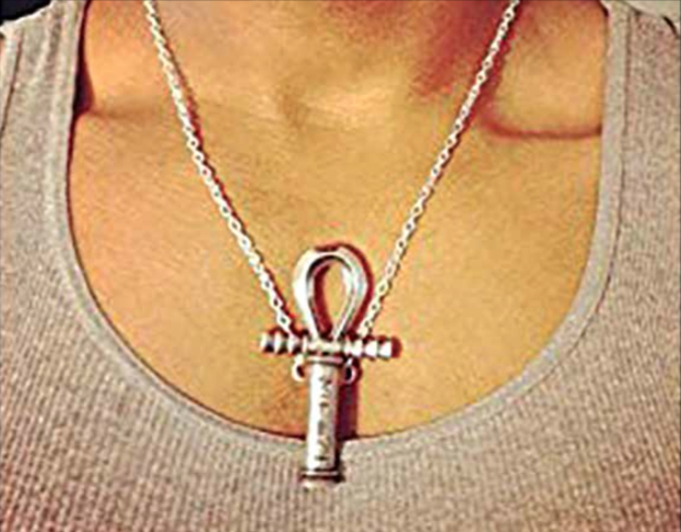 A necklace of the ankh, a Kemetic hieroglyph meaning eternal life, is seen here. The word ankh has recently become a new tool in insults levied against Blacks seeking African consciousness.