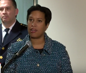 D.C. Mayor Muriel Bowser speaks at the Wilson Building in Northwest to announce her signing of legislation that makes it a criminal offense for persons on probation or parole to tamper with GPS monitoring devices.