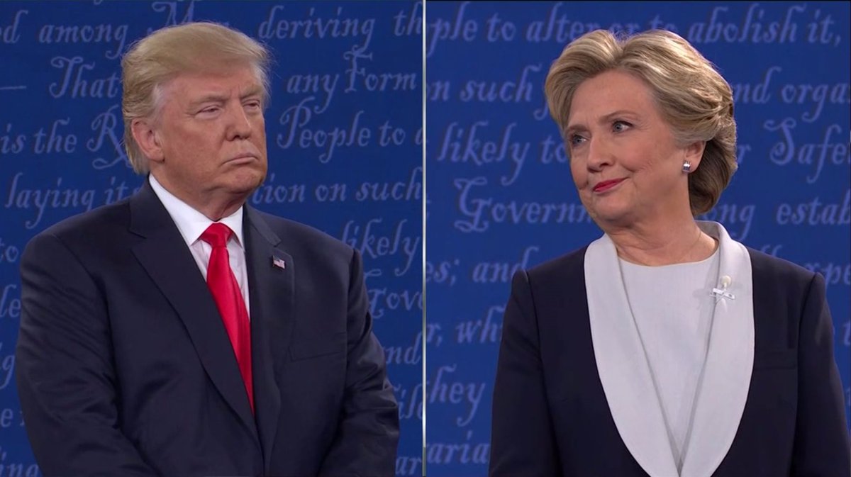 Donald Trump spent much of the 90-minute debate Sunday stalking Hillary Clinton onstage, hovering as she responded to questions. /Courtesy photo