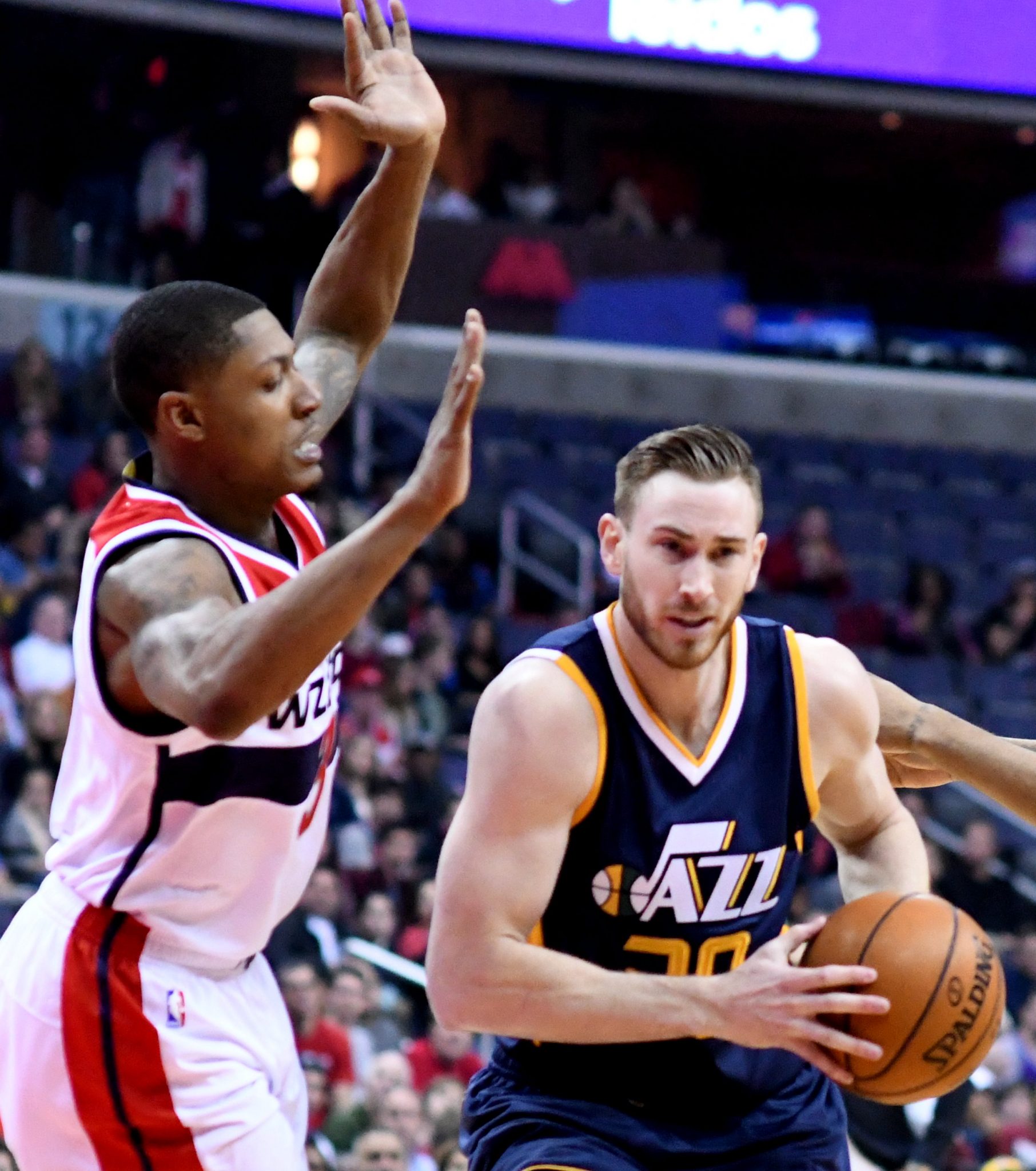 Utah Jazz forward Gordon Hayward drives to the basket against Washington Wizards guard Bradley Beal in the first quarter of Utah's 102-92 win at Verizon Center in northwest D.C. on Feb. 26. (John De Freitas/The Washington Informer)