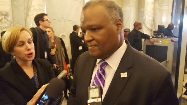 Prince George's County Executive Rushern L. Baker III speaks to reporters after Maryland Gov. Larry Hogan gave his State of the State address In Annapolis on Feb. 1.