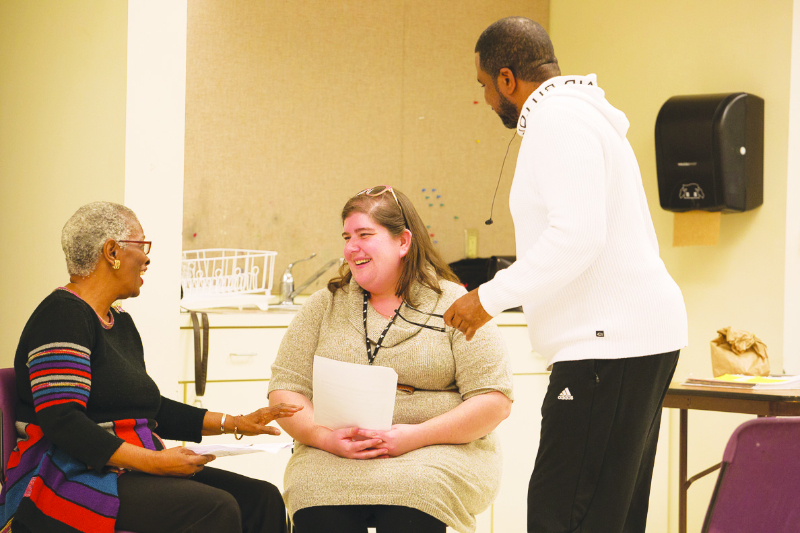 Dorothy Bailey (left), a member of the Prince George's County Planning Commission, portrays 121-year-old Sarah Gudger in the play "Voices In the Dark" during a Jan. 27 rehearsal at the Clarice Smith Performing Arts Center at the University of Maryland at College Park.