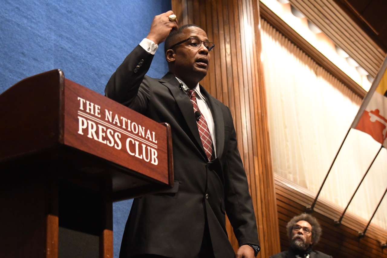 Malik Zulu Shabazz speaks during a town-hall style debate against Princeton University professor Cornel West at the National Press Club in northwest D.C. on Feb. 21. (Travis Riddick/The Washington Informer)