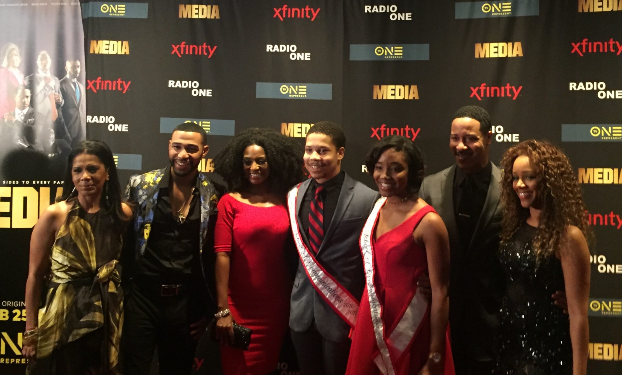 From left: "Media" actors Penny Johnson Jerald, Blue Kimble, Jillian Reeves, Brian White and Chrystee Pharris Pose with Mr. and Miss Howard University during a screening of the TV One film at AFI Silver Theatre in Silver Spring, Maryland on Feb. 22. (Jade James-Gist)