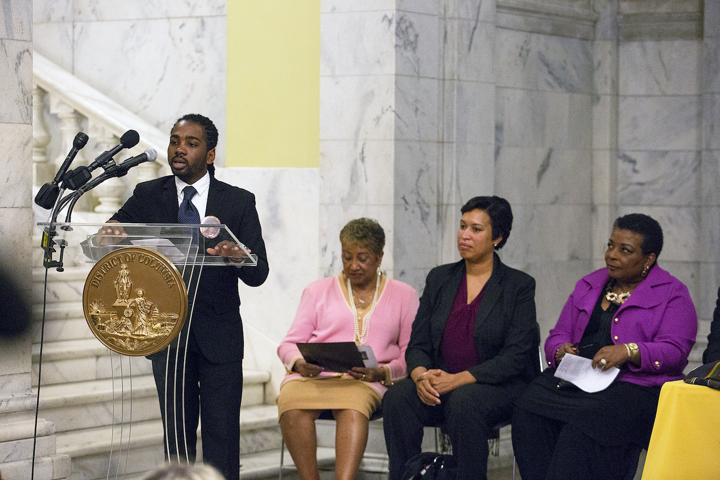 Ward 8 Councilman Trayon White speaks during presentation of statues and renderings March 6 of the late Marion Barry Jr. at the John A. Wilson Building in Northwest. (Mark Mahoney)