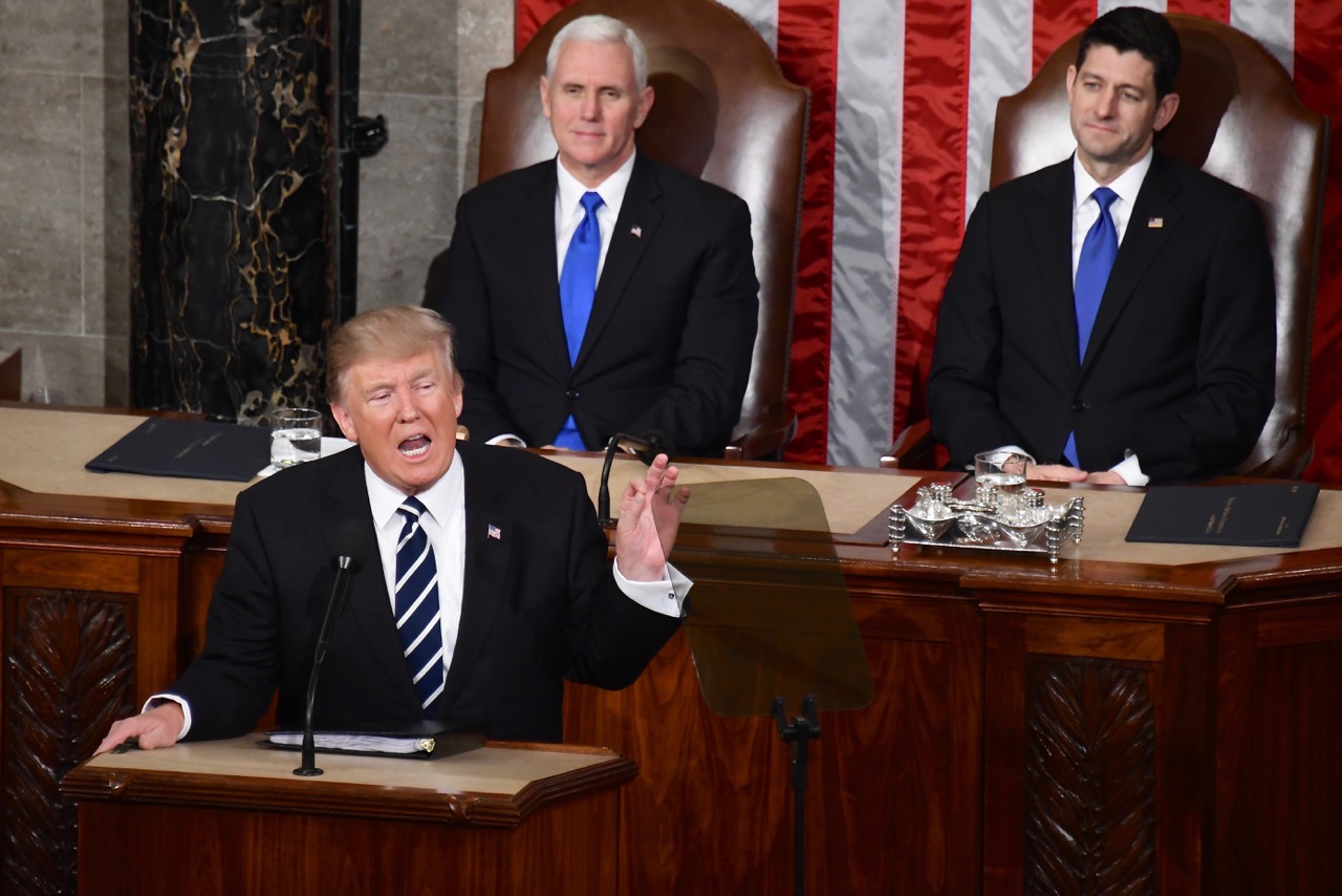 President Trump speaks to the Joint Session of Congress while Vice President Pence and House Speaker Ryan listen. (Travis Riddick/The Washington Informer)