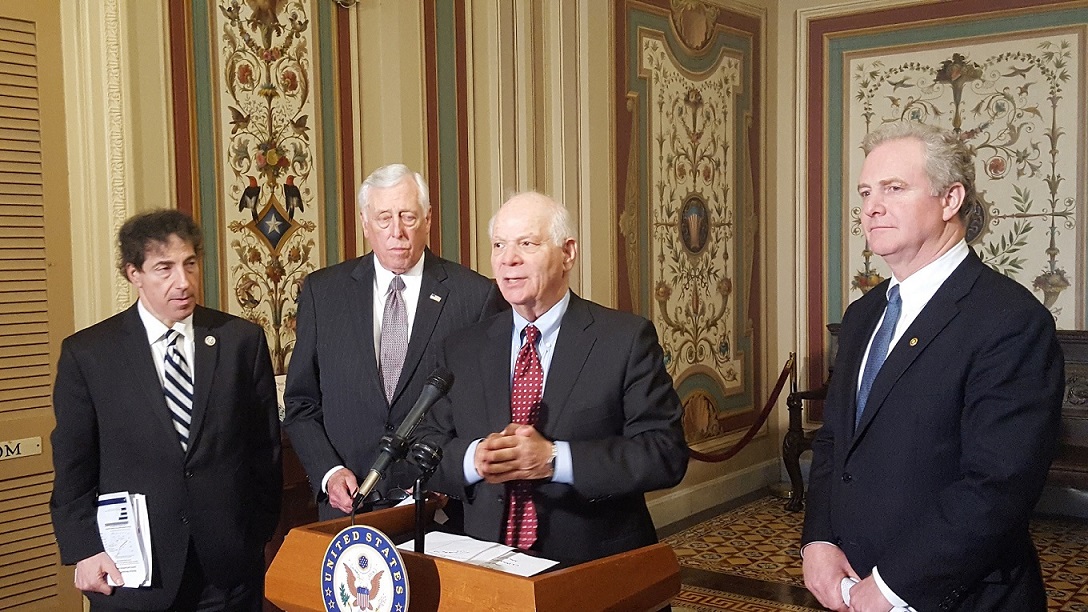 Sen. Ben Cardin (D-Maryland) speaks during a March 1 media briefing on Capitol Hill regarding the Democrats' plan to ensure the Affordable Care Act remains intact. Alongside Cardin are (from left) Reps. Jamie Raskin and Steny Hoyer and Sen. Chris Van Hollen. (William J. Ford/The Washington Informer)
