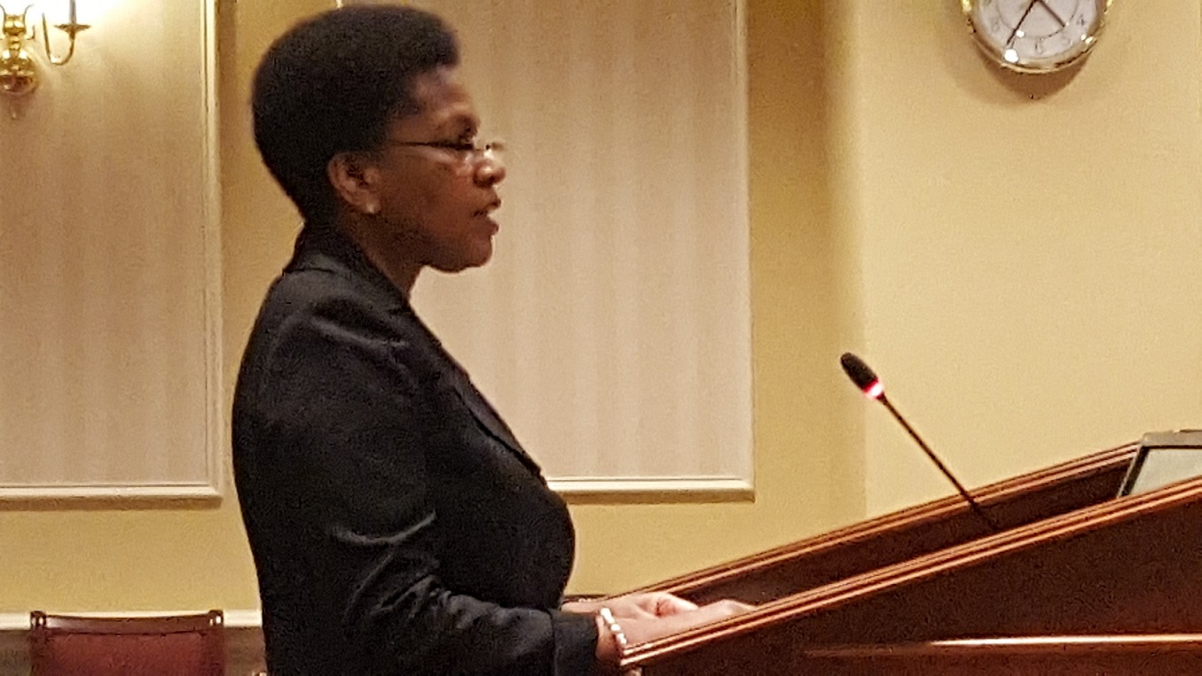 Vicky Orem, a Greenbelt, Maryland, lawyer whose application last year to grow medical marijuana was denied, testifies before the state Senate's Judiciary Proceedings Committee during a March 2 hearing in Annapolis on legislation to restructure the current cannabis commission. (William J. Ford/The Washington Informer)