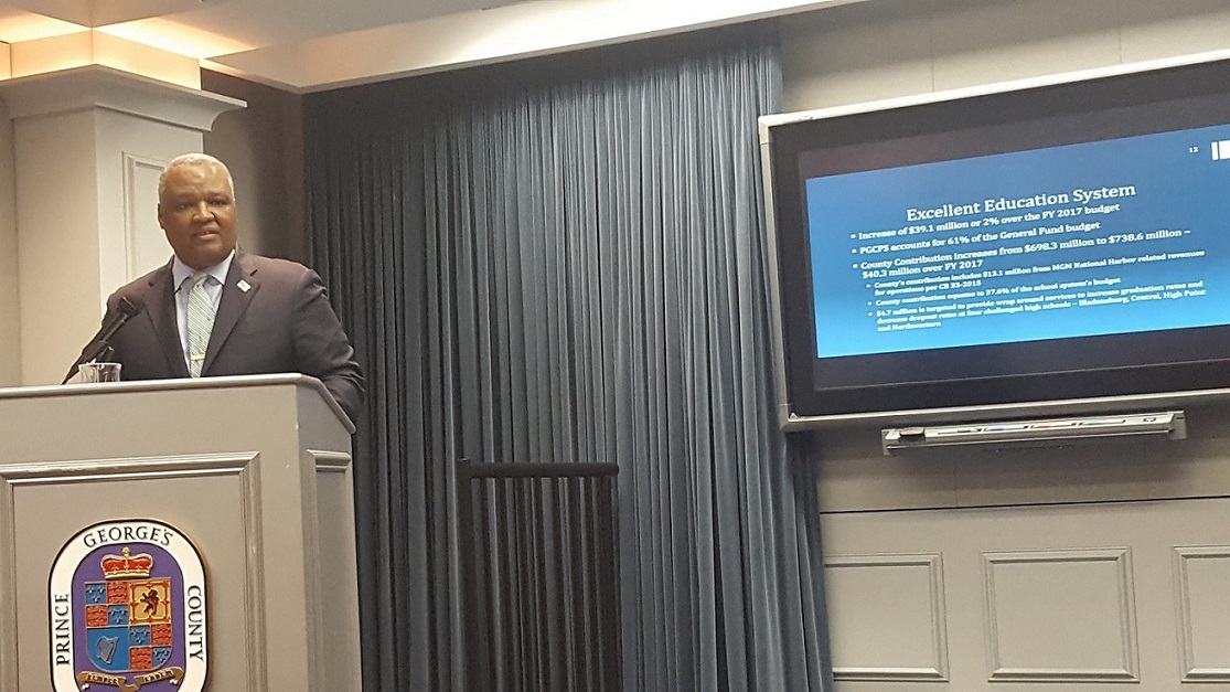 Prince George's County Executive Rushern L. Baker III unveils the county's $3.8 billion fiscal 2018 budget proposal at the administration building in Upper Marlboro on March 15. (William J. Ford/The Washington Informer)