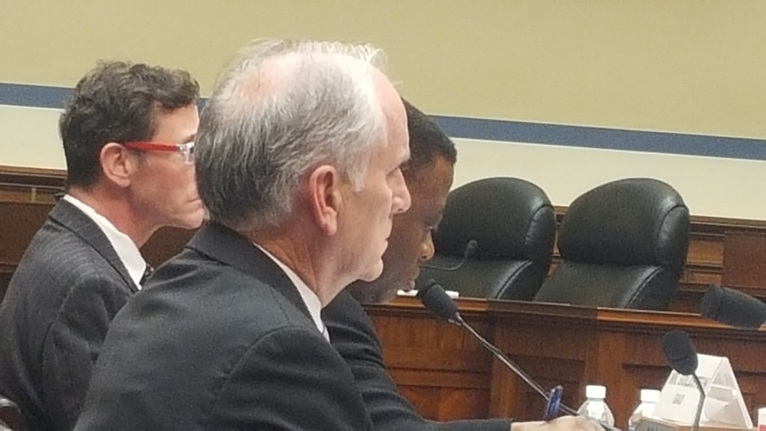 Metro General Manager Paul Wiedefeld (foreground) prepares to testify March 29 before the House's Subcommittee on Government Operations on Capitol Hill regarding an update on Metro. Also at the table are (from right) Dennis Anosike, chief financial officer for Metro, and Mark Goldstein, director of physical infrastructure for the U.S. Government Accountability Office. (William J. Ford/The Washington Informer)