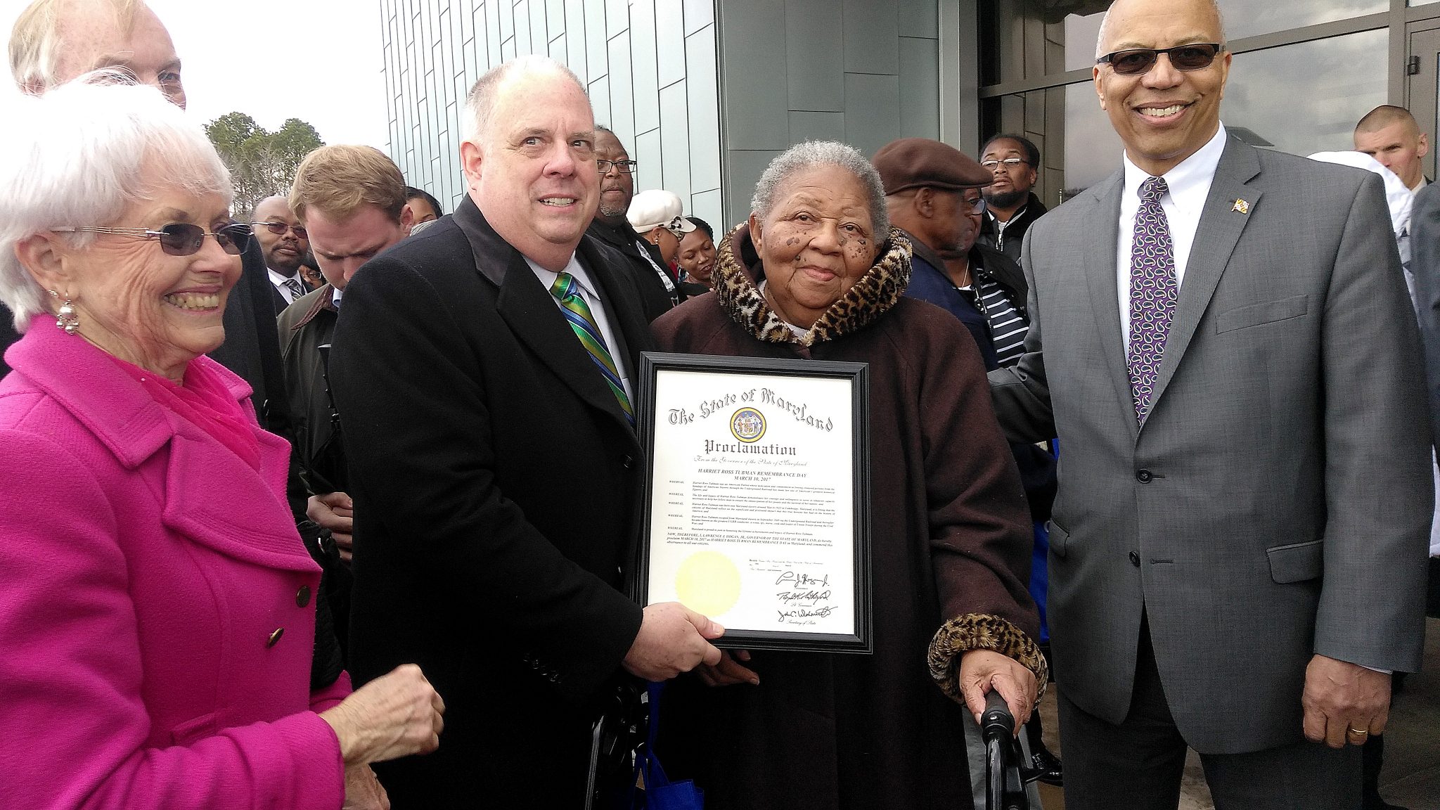 Celebrating the new Harriet Tubman are (from left) Maryland Rep. Adelaide Eckardt, Gov. Larry Hogan, Tubman descendant Valarie Manokey and Lt. Gov. Boyd Rutherford. (Photo by Lou Fields)