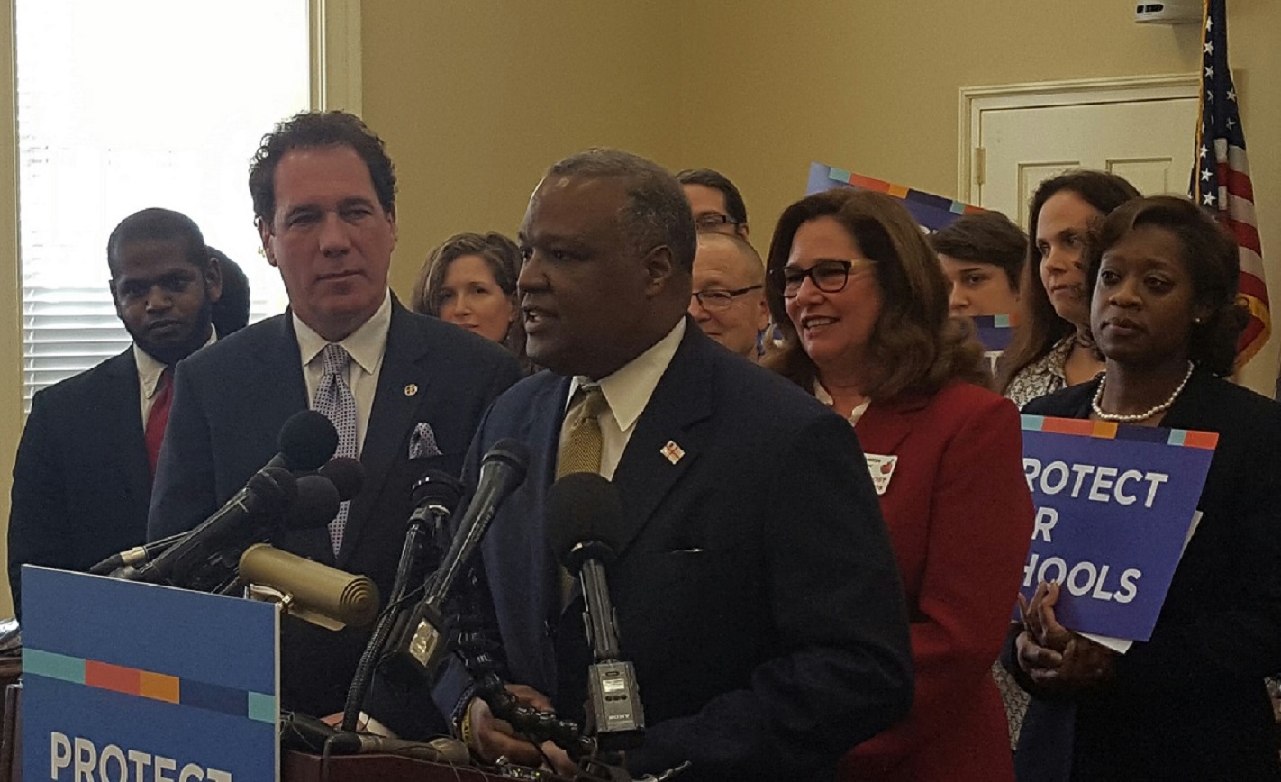 Prince George's County Executive Rushern L. Baker III speaks during a press conference in Annapolis on Feb. 28. Baker, educational officials and advocates demand state delegates repeal Maryland Gov. Larry Hogan's BOOST program, which uses public money to fund students in private schools. (William J. Ford/The Washington Informer)