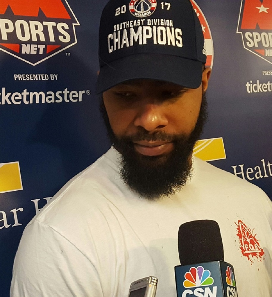 Washington Wizards power forward Markieff Morris speaks to the media after practice on April 15, the eve of the Game 1 of the team's opening-round playoff series against the Atlanta Hawks at Verizon Center in D.C. (William J. Ford/The Washington Informer)