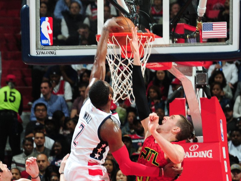 Washington Wizards point guard John Wall drives for a dunk in the Wizards' 103-99 Game 5 win over the Atlanta Hawks at Verizon Center in D.C. on April 26. The Wizards lead the first-round series 3-2. (Courtesy of the Wizards via Twitter)