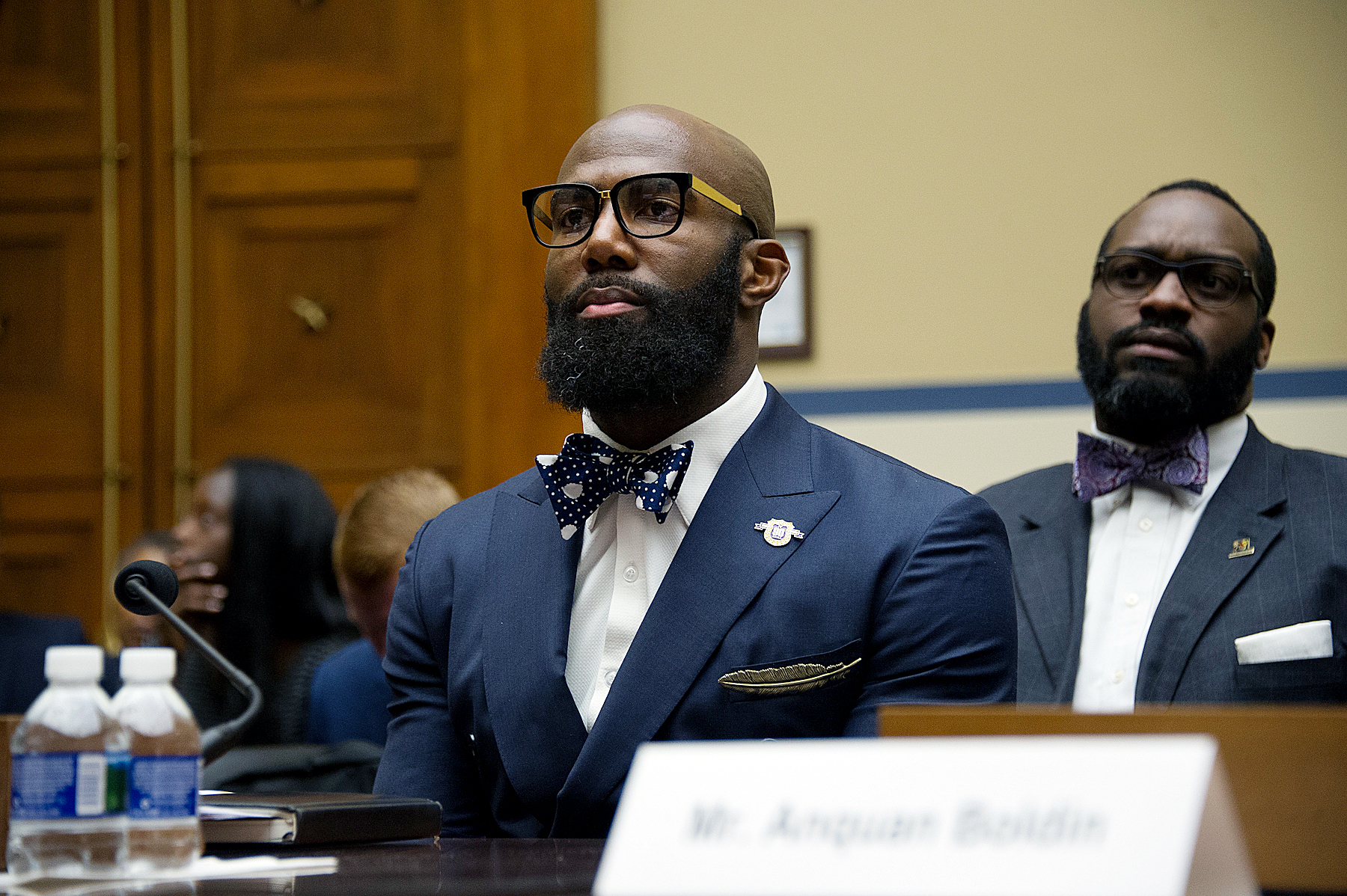 NFL football player Anquan Boldin joins congressional members of the Committee on the Judiciary at a forum on Capitol Hill on March 30 discussing experiences to help build trust between communities and police. (Lateef Mangum)