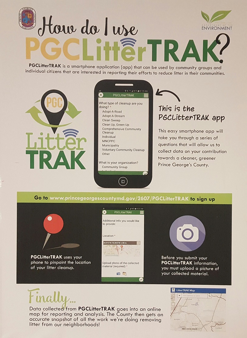 A flier showcases information on the "PGCLitterTRAK" smartphone app. Nearly two dozen people heard a presentation March 30 in Largo on how to log on and use the app. (William J. Ford/The Washington Informer)