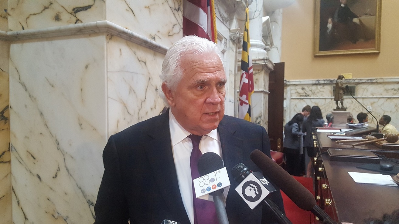 Maryland Senate President Thomas V. "Mike" Miller speaks to reporters about Sen. Nathaniel Oaks and the ethics law legislation unanimously passed in the Senate on April 7. (William J. Ford/The Washington Informer)