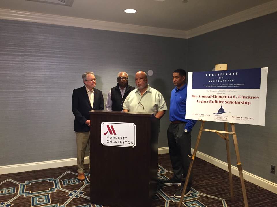 Charleston, South Carolina, Mayor John Tecklenburg and Reps. James Clyburn, Bennie Thompson and Cedric Richmond attend a ceremony announcing the establishment of a scholarship in honor of Rev. Clementa C. Pinckney, one of the "Charleston Nine" killed in the 2015 AME Emmanuel Church massacre.