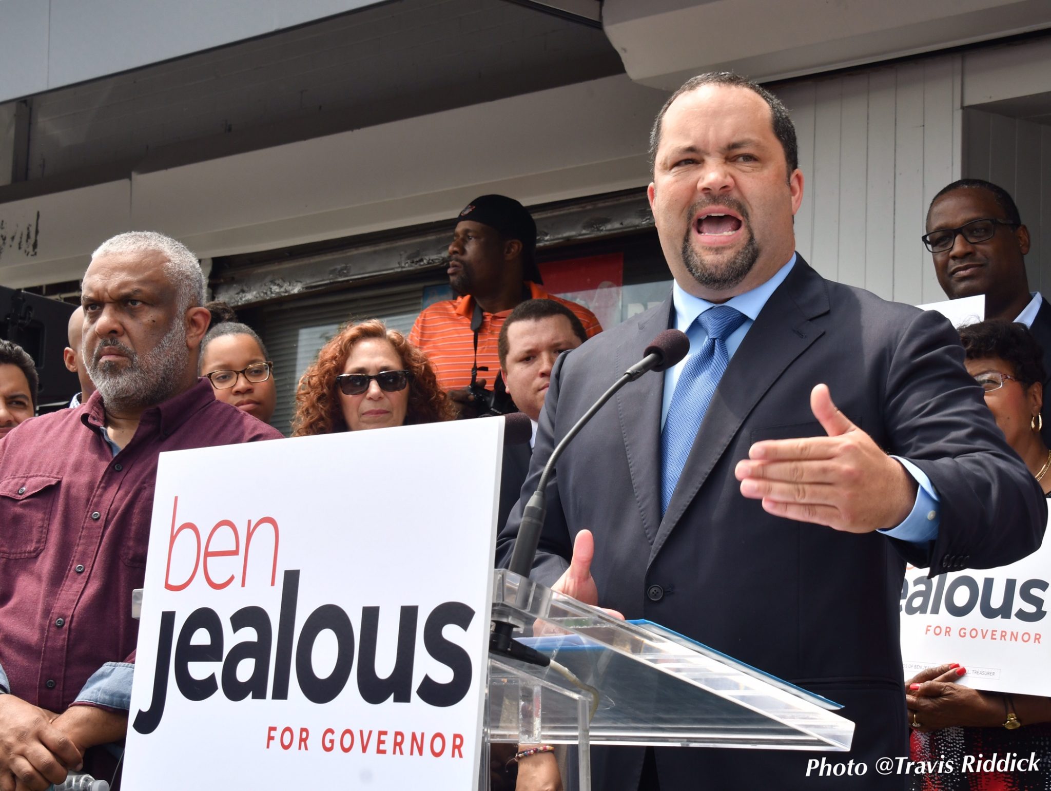 Former NAACP President Ben Jealous formally announces his candidacy for Maryland governor in front of his cousin's floral business in Baltimore on May 31. (Travis Riddick/The Washington Informer)