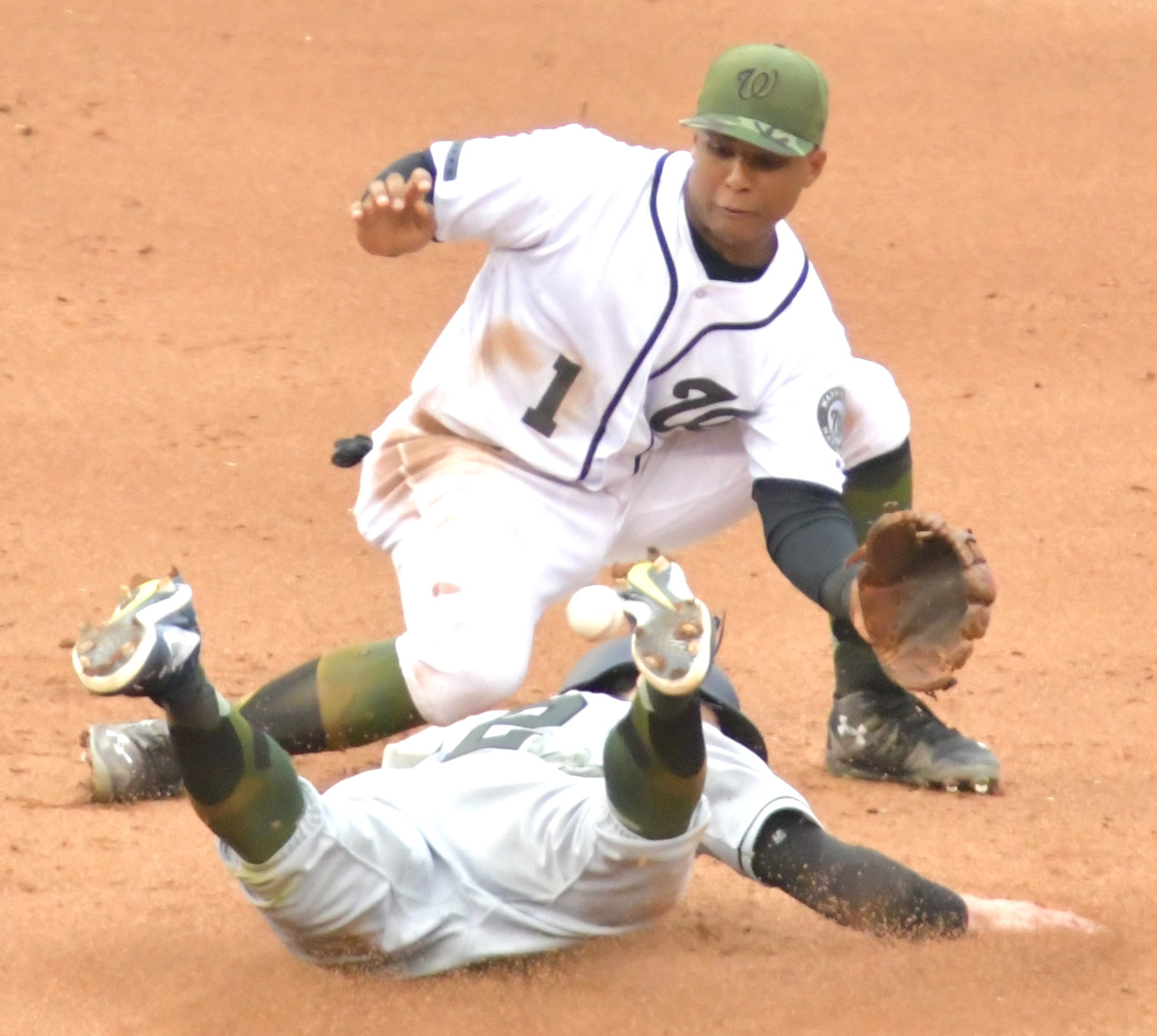 Nationals second baseman Wilmer Difo awaits the ball as Padres short stop Chase d'Amaud slides successfully into second base during the Padres 5-3 win at Nationals Park in Southeast on Sunday, May 28./Photo by John E. De Freitas