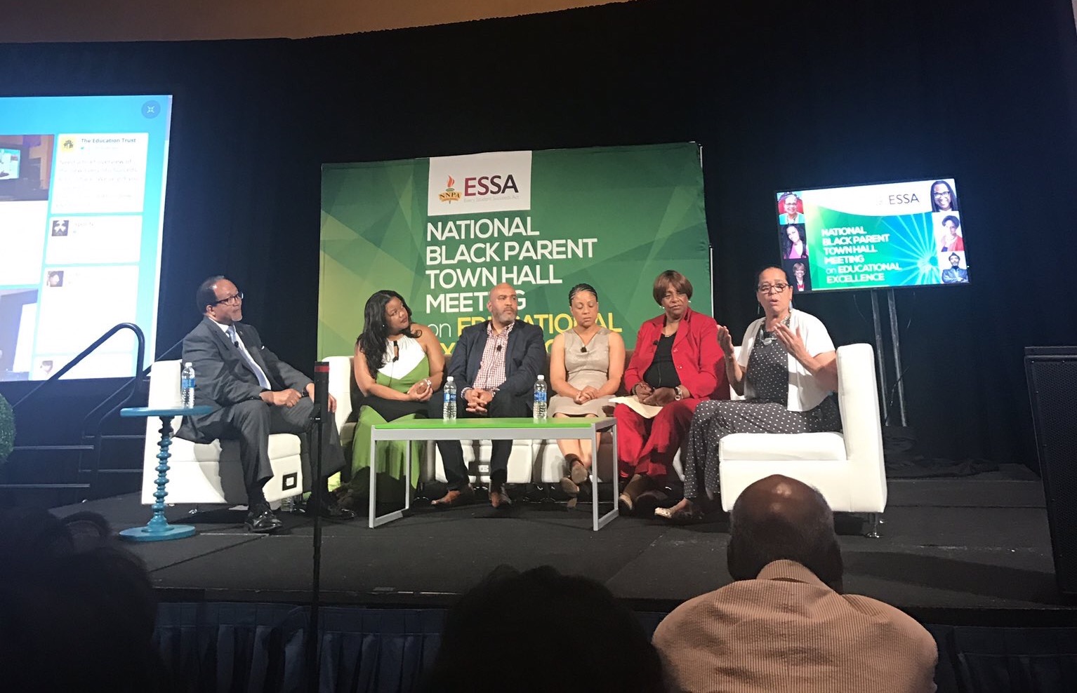 Benjamin Chavis, Tia Hill, Chris Stewart, Marietta English, Lynn Jennings and Elizabeth Primas participate in a town hall meeting on education during the National Newspaper Publishers Association's annual convention at the Gaylord National Resort and Convention Center in Oxon Hill, Md., on June 20.