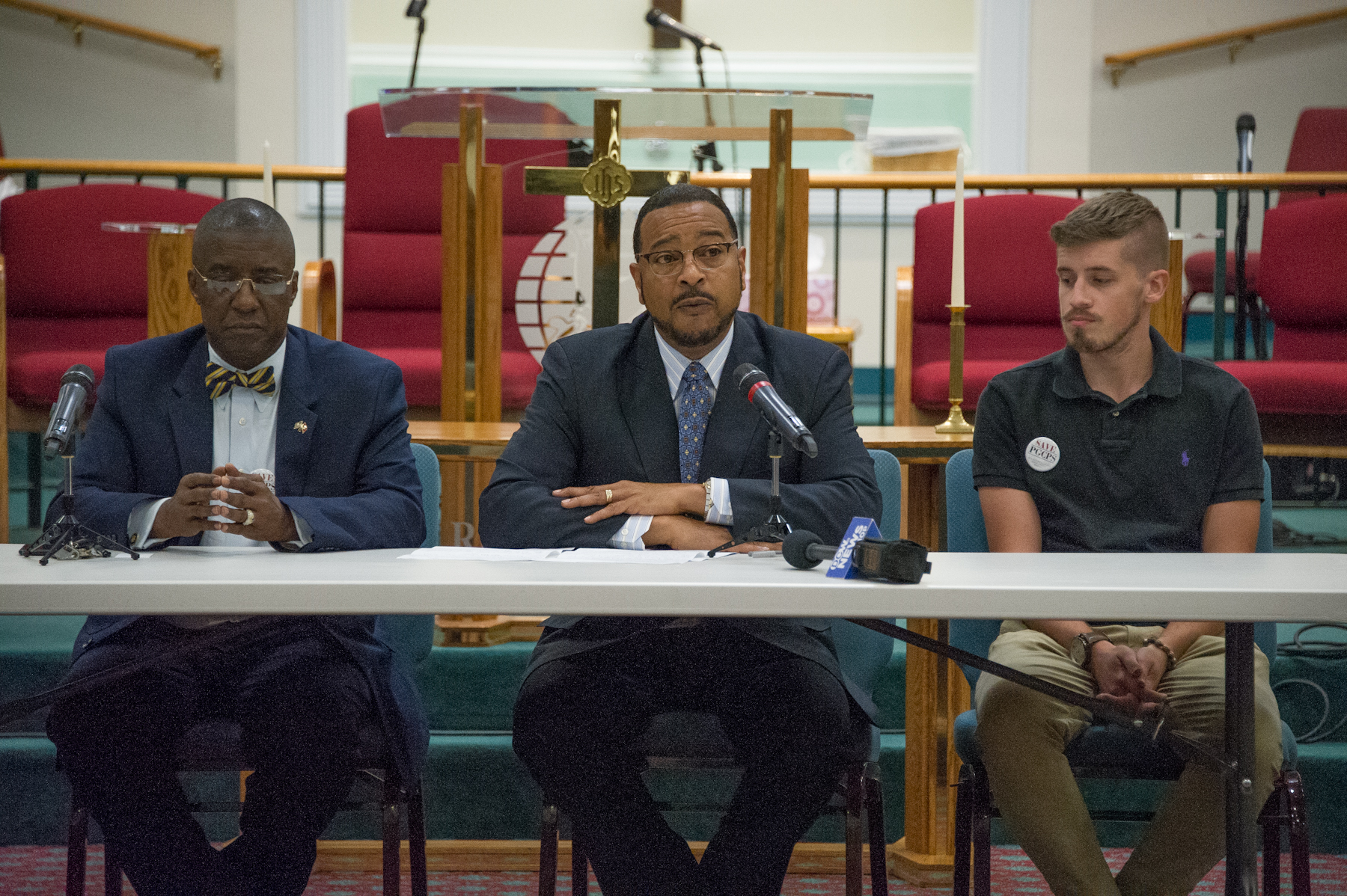 From left: Maryland state Rep. Tony Knotts, state Sen. C. Anthony Muse and Prince George’s County School Board member David Murray speak during opening statements for a public forum about the county schools system at Southern Friendship Missionary Baptist Church in Temple Hills on June 8. (Lateef Mangum/The Washington Informer)