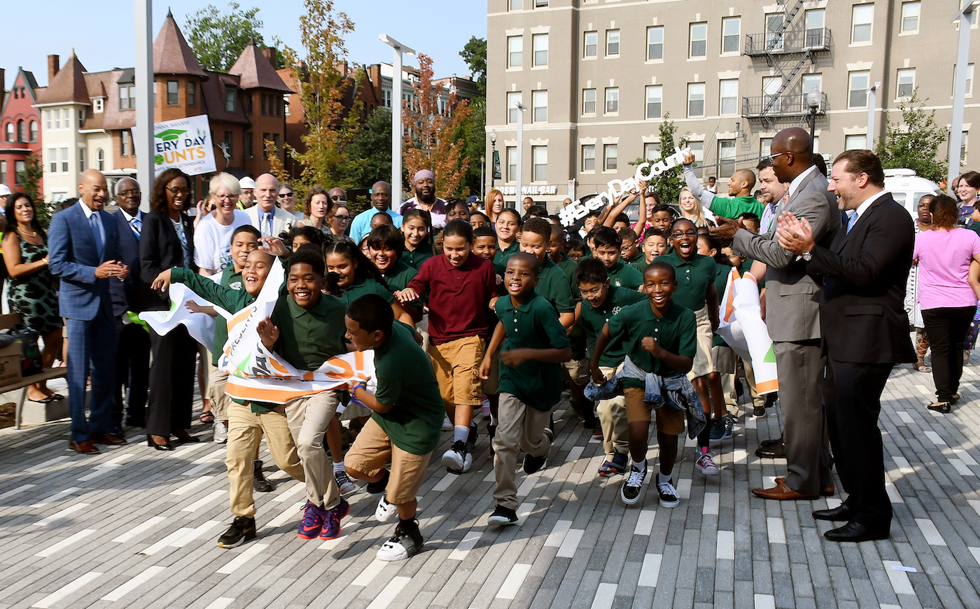 Students at Marie Reed Elementary School in northwest D.C. race to class on the first day of the 2017-18 school year. (Roy Lewis/The Washington Informer)