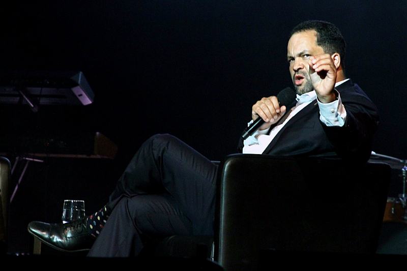 Maryland gubernatorial candidate Ben Jealous joins CNN commentator Van Jones during a stop on Jones's "We Rise" tour on Aug. 11 at the Warner Theatre in Northwest. (Eric Watson)