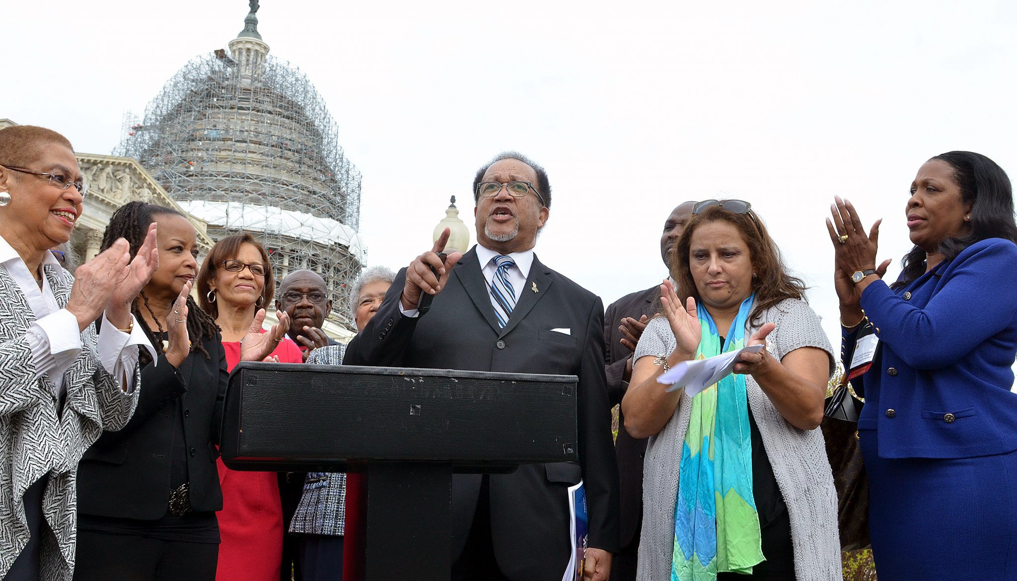 NNPA President Benjamin F. Chavis and Washington Informer Publisher Denise Rolark Barnes join Congresswoman Eleanor Holmes Norton and others at a news conference in 2016 regarding federal advertising spending with minority-owned media companies. (Freddie Allen/NNPA)