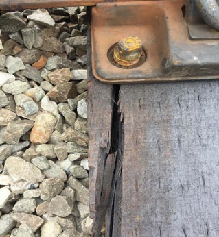 Inspectors found cracked wood along a track near the Greenbelt Metro station during a May 1 inspection. (Courtesy of the Federal Transit Administration)