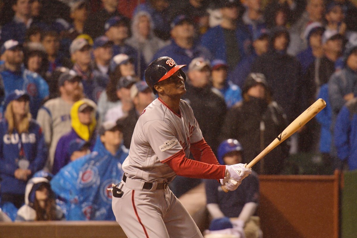 Washington Nationals center fielder Michael A. Taylor watches the ball leave the park after hitting a grand slam in the eighth inning of a 5-0 road win over the Chicago Cubs in Game 4 of the National League Division Series on Oct. 11. (Courtesy of the Nationals via Twitter)