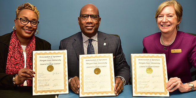 The presidents of Prince George's and Howard community colleges and Morgan State University signed an agreement to allow students who graduate with associate's degrees from the two community colleges to study for bachelor's degrees in engineering or psychology at the Laurel College Center. (Courtesy of MSU)
