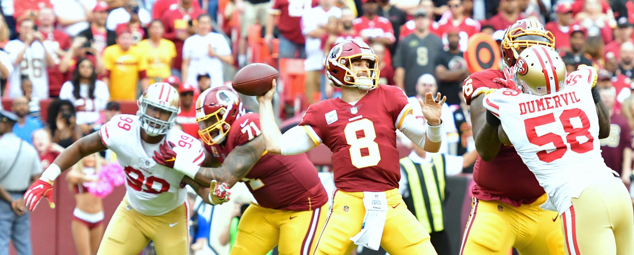 Kirk Cousins (8) led the Washington Redskins to a 26-24 win over the San Francisco 49ers at FedEx Field in Landover, Maryland, on Oct. 15. (John De Freitas/The Washington Informer)