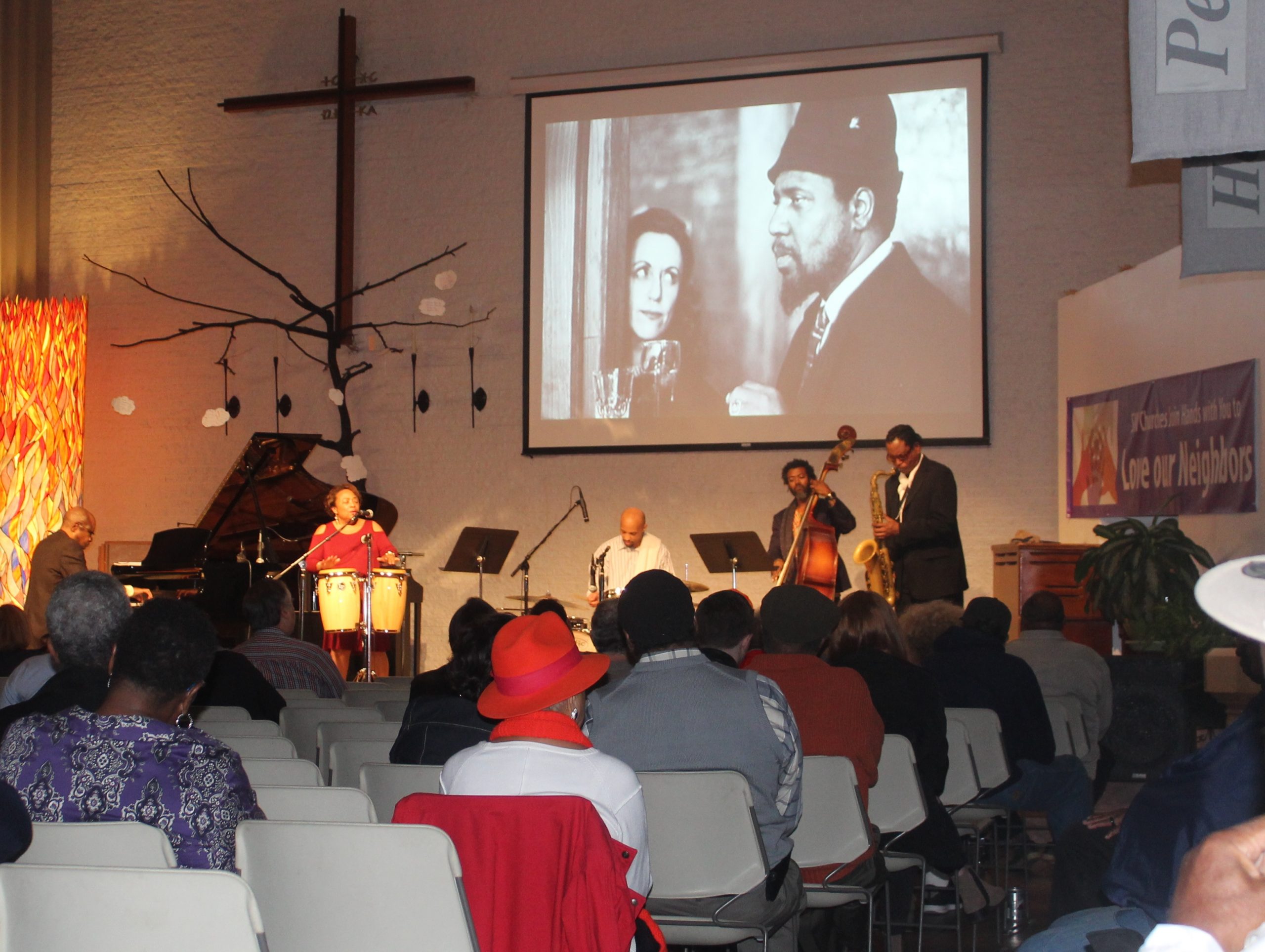 A band featuring D.C.-based pianist Bill Washburn and "JuJu" Gordon, niece of jazz great ‪Dexter Gordon‬, performs during the weekly "Friday Night Jazz" event at the Westminster Presbyterian Church in southwest D.C. on Oct. 27. (Timothy Cox/The Washington Informer)