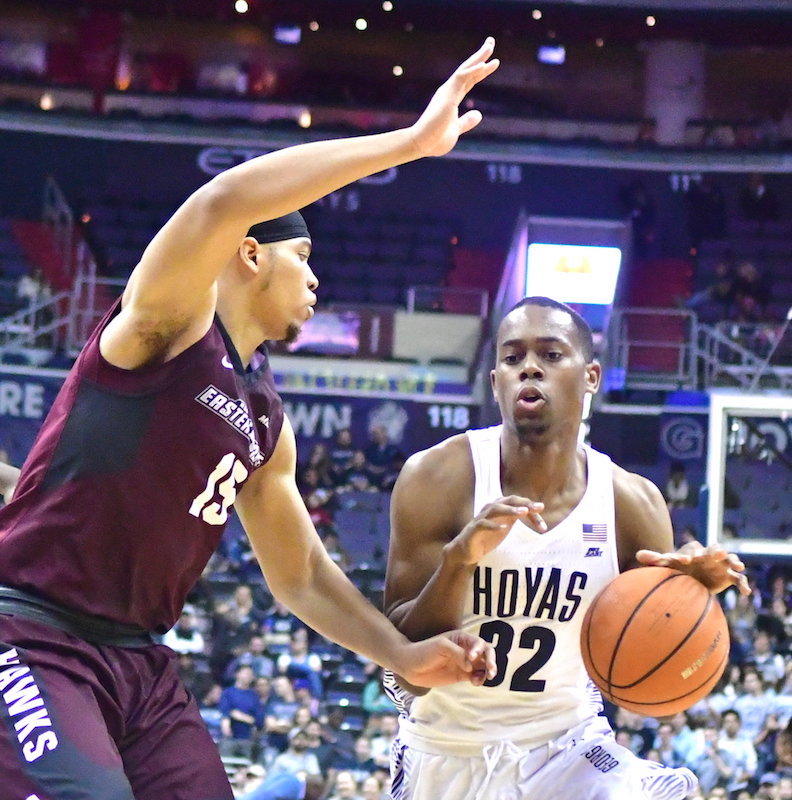 Georgetown forward Kaleb Johnson drives against University of Maryland, Eastern Shore forward Tyler Jones during Georgetown's 83-57 win at Capital One Arena in Northwest on Nov. 18. (John E. De Freitas/The Washington Informer)