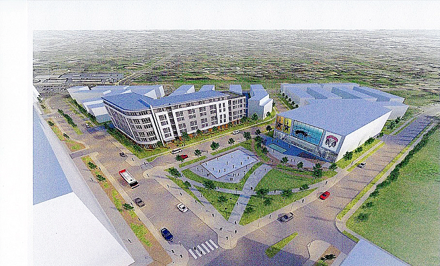A rendering of a six-story building (left) at the Towne Square Federal Center slated to open in two years (Courtesy of L.A. Bolden Co.)