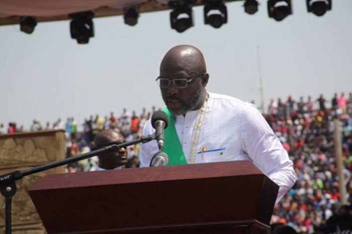 George Weah, the new president of Liberia, speaks during his swearing-in ceremony at a stadium in the capital of Monrovia on Jan. 22. (Courtesy of emansion.gov.lr)