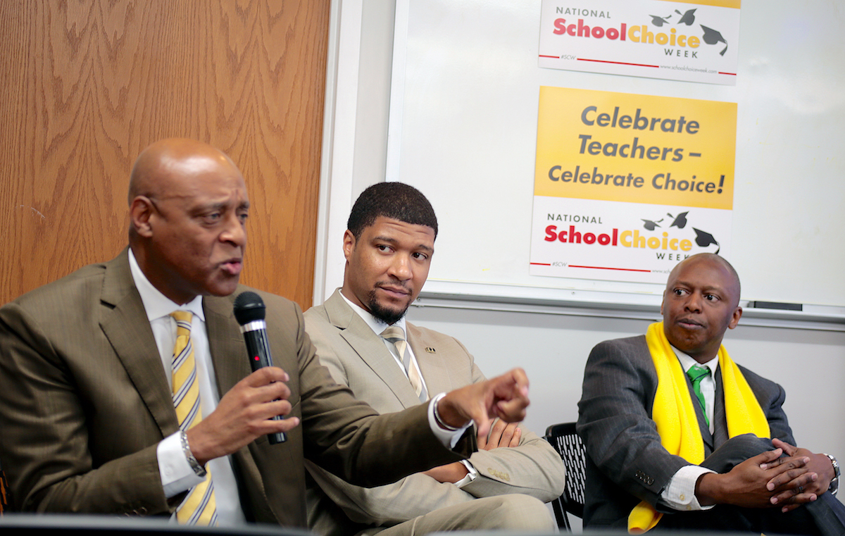 Kevin P. Chavous, former D.C. Ward 7 Councilman and current K-12 Inc. president of Academics, Policy & School, talks to audience about the technology-based education and online programs at Prince George's County Town Hall discussion in Largo-Kettering Library on Jan. 27. (Demetrious B. Kinney/The Washington Informer)