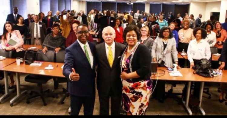 From left: Jim Coleman, EDC President and CEO, George C. Fraser, CEO of FraserNet, Inc., and Jennifer Jones, chair of Prince George's Commission for Women, pose for a photo during an EDC event for Prince George's County small-business owners on Feb. 15.