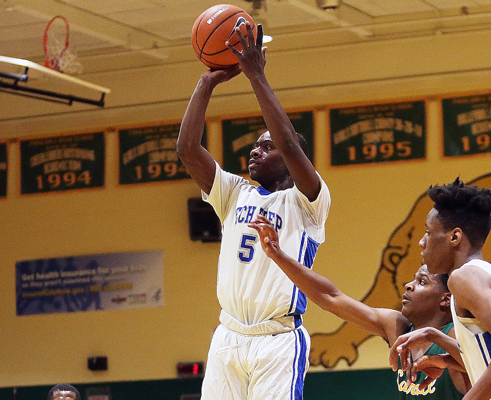 Friendship Tech Prep Academy senior guard Kenneth Tyree scored 22 points against National Christian Academy on Feb. 3. (Daniel Kucin Jr./The Washington Informer)