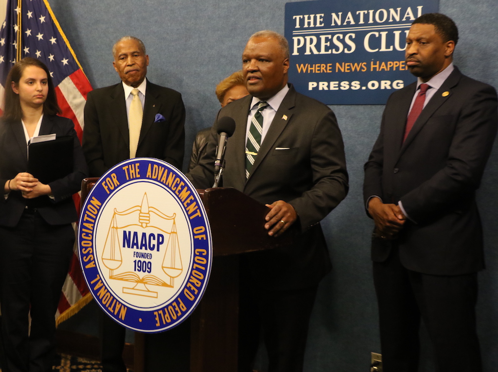 Prince George's County Executive Rushern Baker discusses the County's participation in the NAACP's lawsuit against the U.S. Census. Standing with Baker are (from left) Bob Ross, president of the Prince George's County NAACP branch, H. Elizabeth Johnson, and NAACP President Derrick Johnson. (Shevry Lassiter/The Washington Informer)