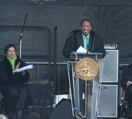 Radio personality Donnie Simpson was the emcee at the Marion Barry Jr. statue unveiling held Saturday, March 3 on Pennsylvania Avenue at the John Wilson District Building in Northwest. (Shevry Lassiter - The Washington Informer)