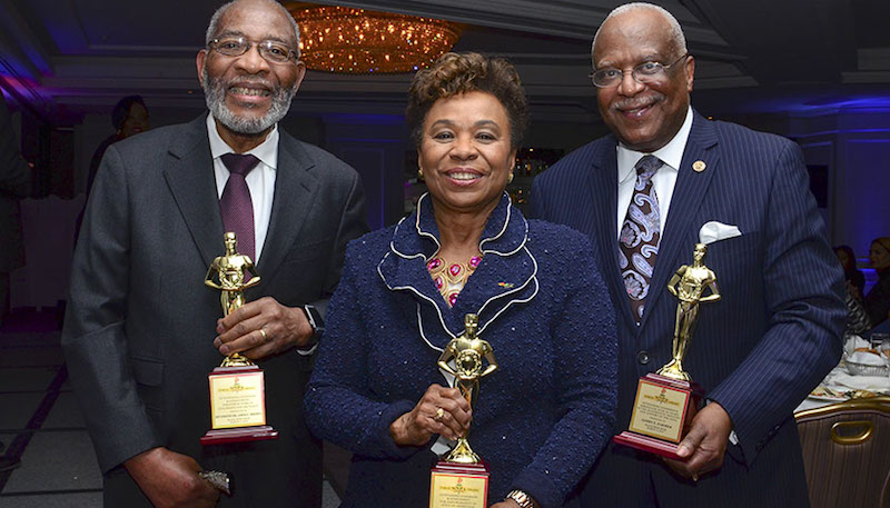 From left: Rev. Dr. Amos C. Brown, a student of Dr. Martin Luther King Jr. and pastor of the Third Baptist Church of San Francisco, Rep. Barbara Lee (D-Calif.) and James Farmer of General Motors receive Torch Awards during a Black Press Week ceremony in D.C. (Freddie Allen/AMG/NNPA)