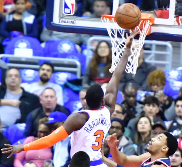 New York Knicks small forward Tim Hardaway Jr. attempts a layup during the Knicks' 101-97 win over the Washington Wizards at Capitol One Arena in D.C. on March 25. (John De Freitas/The Washington Informer)