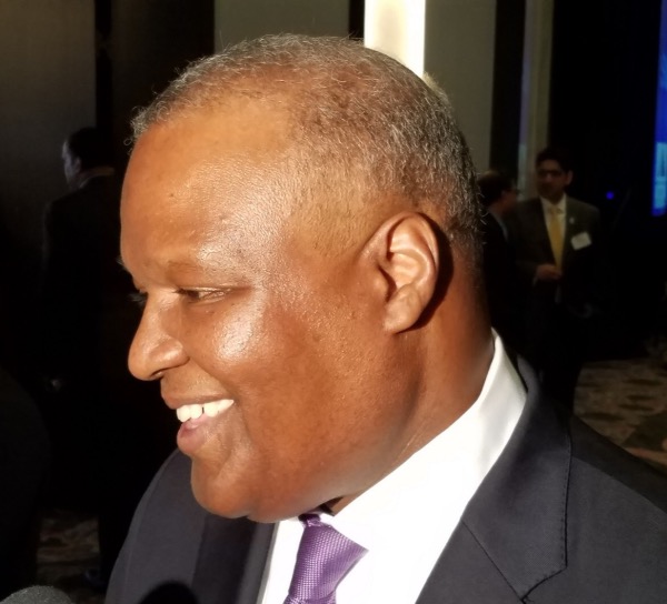 Prince George's County Executive Rushern L. Baker III speaks with reporters after his final address on the county's economy in College Park on April 18. (William J. Ford/The Washington Informer)