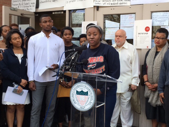 Howard University student Alexis McKenny speaks during an April 6 press conference to announce the end of a nine-day student sit-in at the university's administration building. The sit-in was prompted by revelations of impropriety in the school's financial aid department. (Roy Lewis/The Washington Informer)